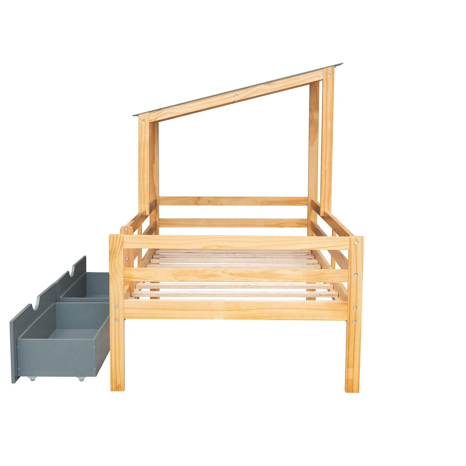 Euroco Wood House Platform Bed with Trundle for Kids Teens Room, Semi-Close House Bed with Roof, Gray - Image 14