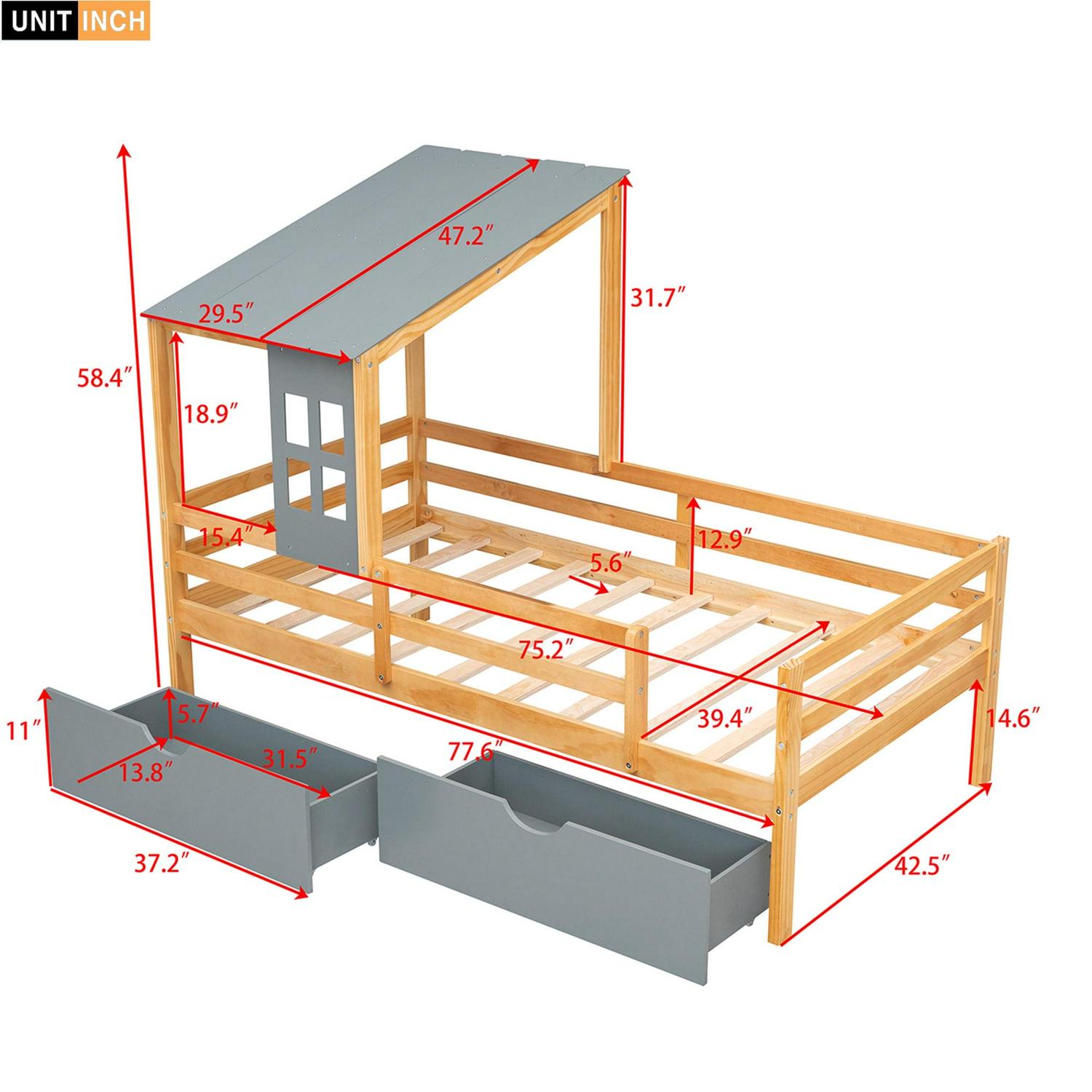 Euroco Wood House Platform Bed with Trundle for Kids Teens Room, Semi-Close House Bed with Roof, Gray - Image 15