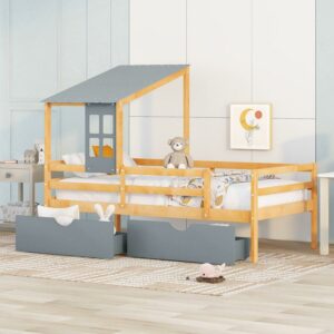 Euroco Wood House Platform Bed with Trundle for Kids Teens Room, Semi-Close House Bed with Roof, Gray