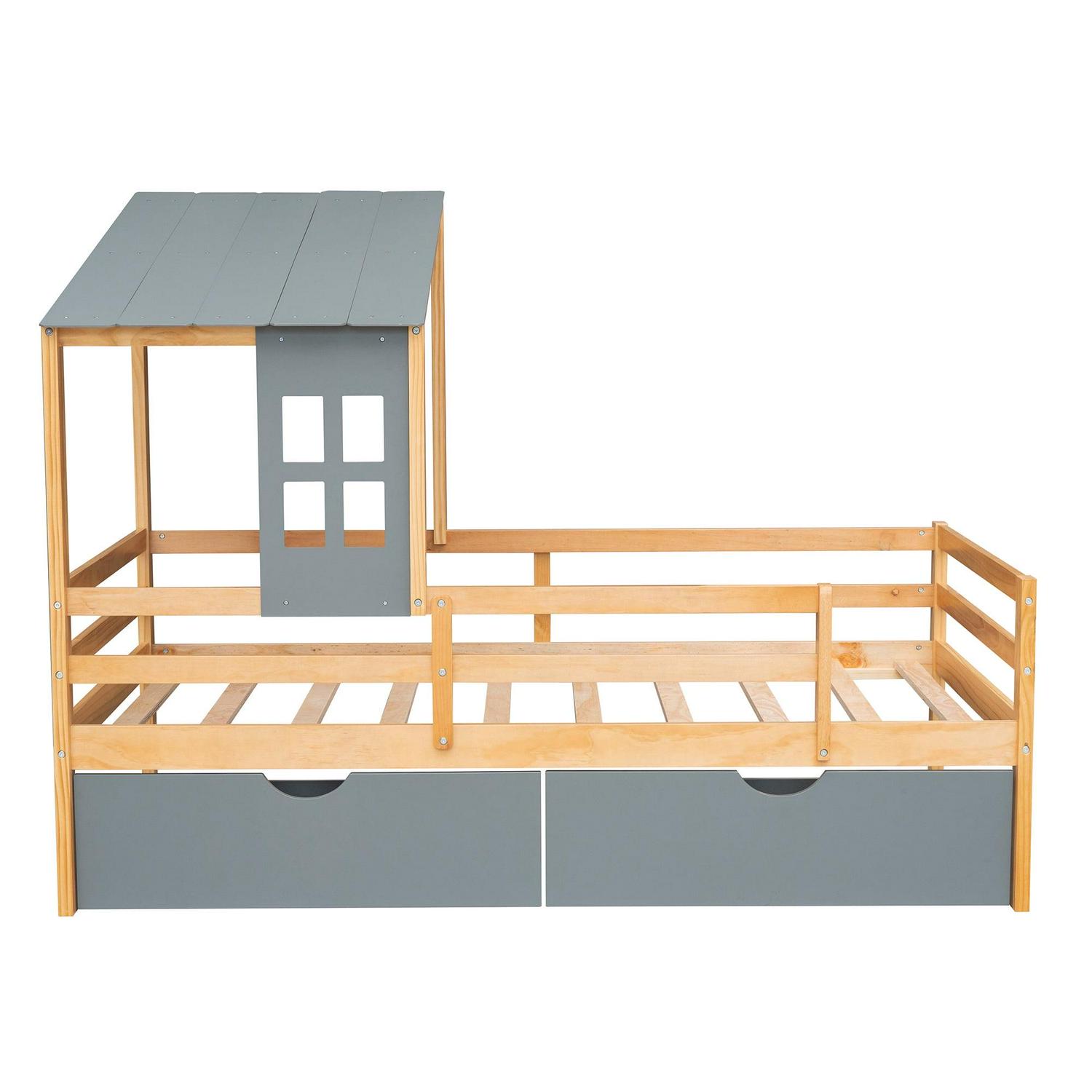 Euroco Wood House Platform Bed with Trundle for Kids Teens Room, Semi-Close House Bed with Roof, Gray - Image 11