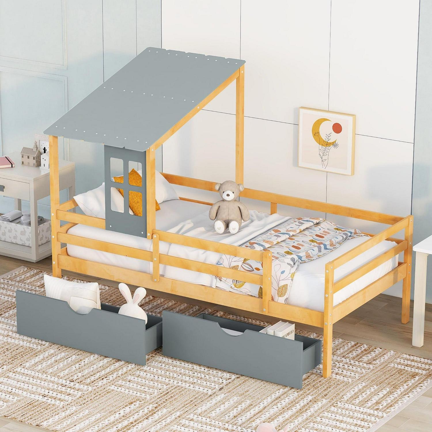 Euroco Wood House Platform Bed with Trundle for Kids Teens Room, Semi-Close House Bed with Roof, Gray - Image 2