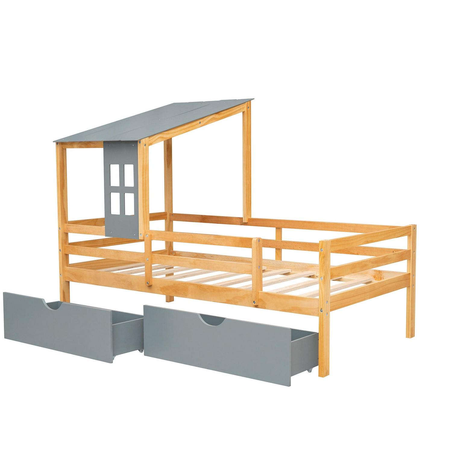Euroco Wood House Platform Bed with Trundle for Kids Teens Room, Semi-Close House Bed with Roof, Gray - Image 6