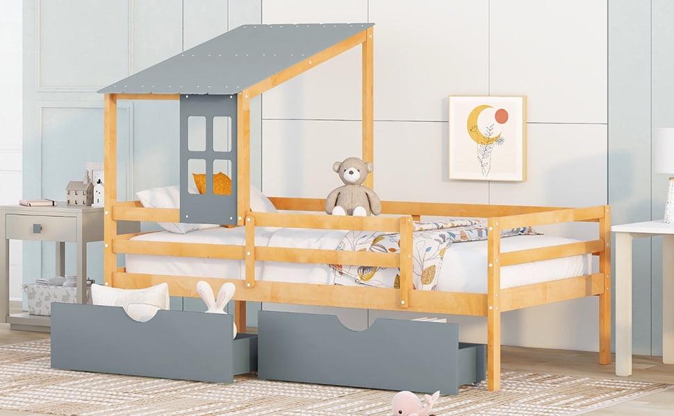 Euroco Wood House Platform Bed with Trundle for Kids Teens Room, Semi-Close House Bed with Roof, Gray - Image 4