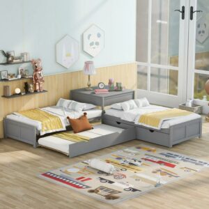 Euroco Wood Kids Twin Size L-Shaped Platform Beds with Square Storage Table & Trundle, Gray