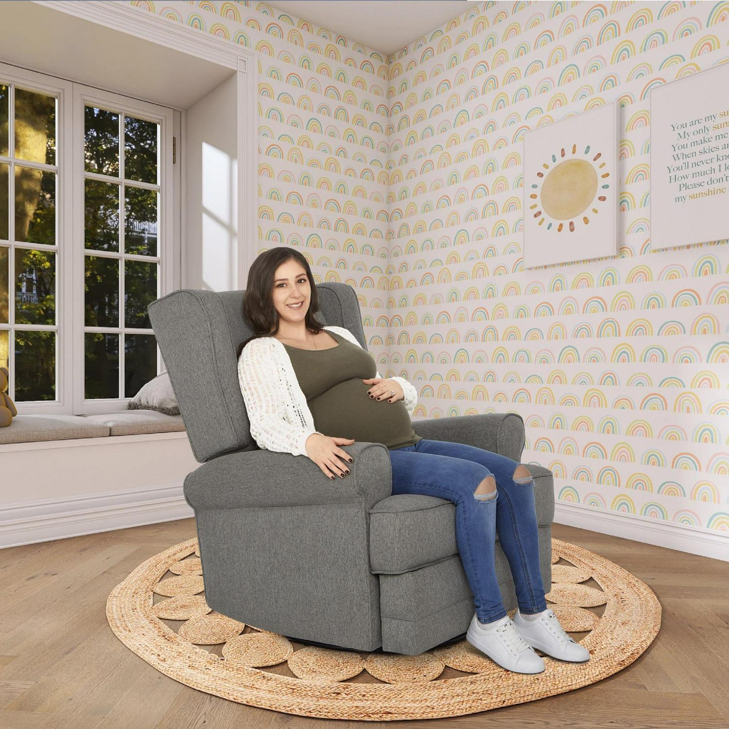 Evolur Melbourne Wing Back Swivel Glider I Nursery Glider I Durable Soft Fabric I Bonus Pillow In Iron - Image 2