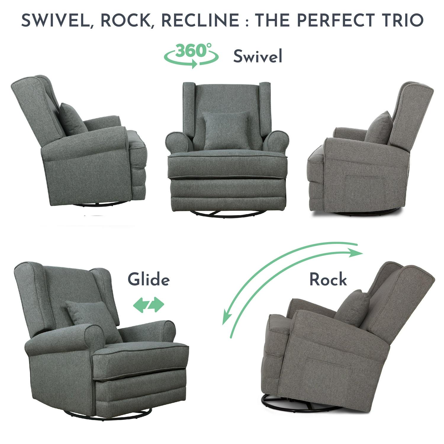 Evolur Melbourne Wing Back Swivel Glider I Nursery Glider I Durable Soft Fabric I Bonus Pillow In Iron - Image 6