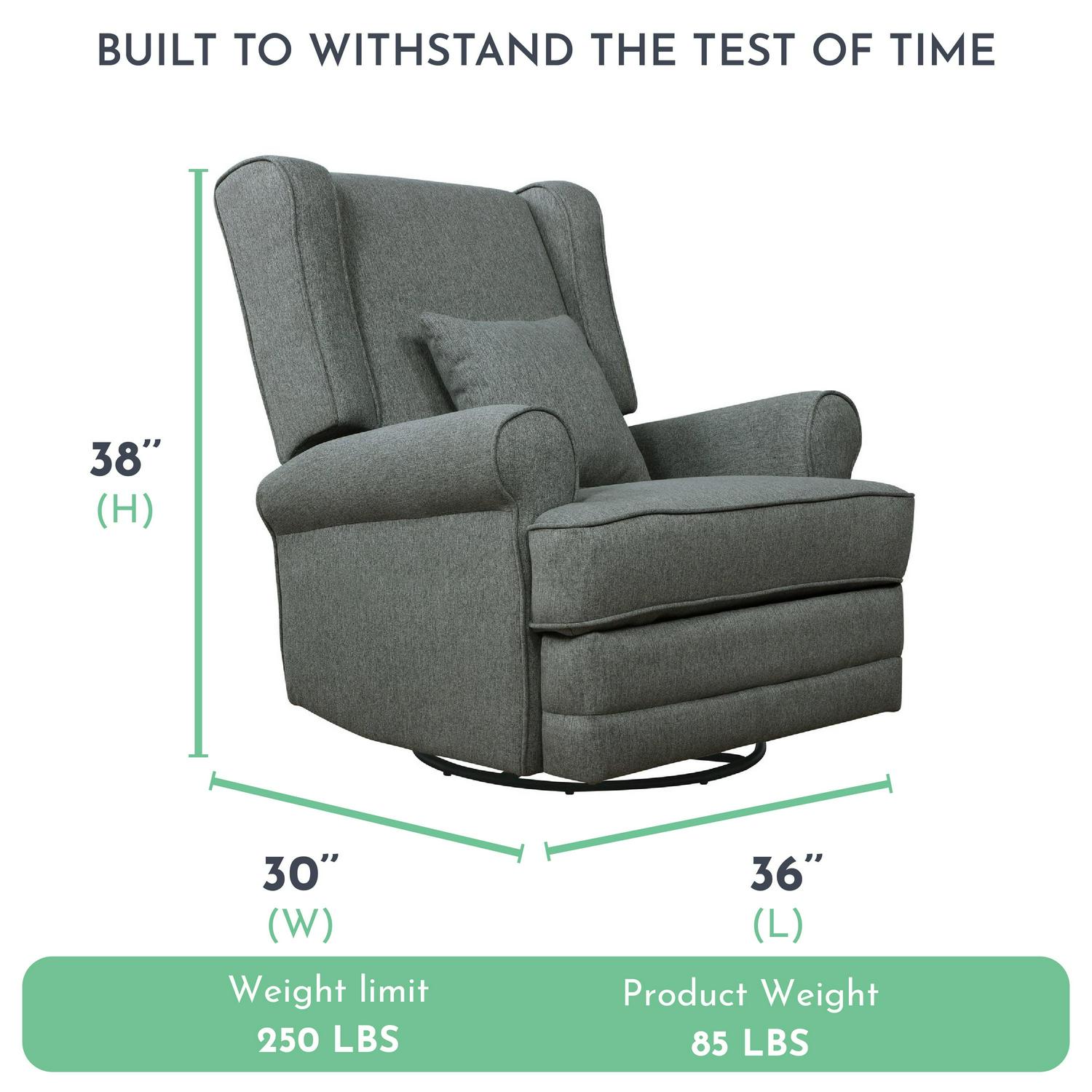 Evolur Melbourne Wing Back Swivel Glider I Nursery Glider I Durable Soft Fabric I Bonus Pillow In Iron - Image 3