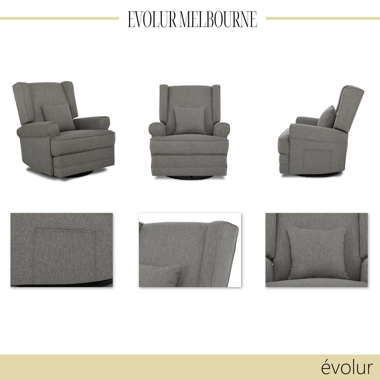 Evolur Melbourne Wing Back Swivel Glider I Nursery Glider I Durable Soft Fabric I Bonus Pillow In Iron - Image 9