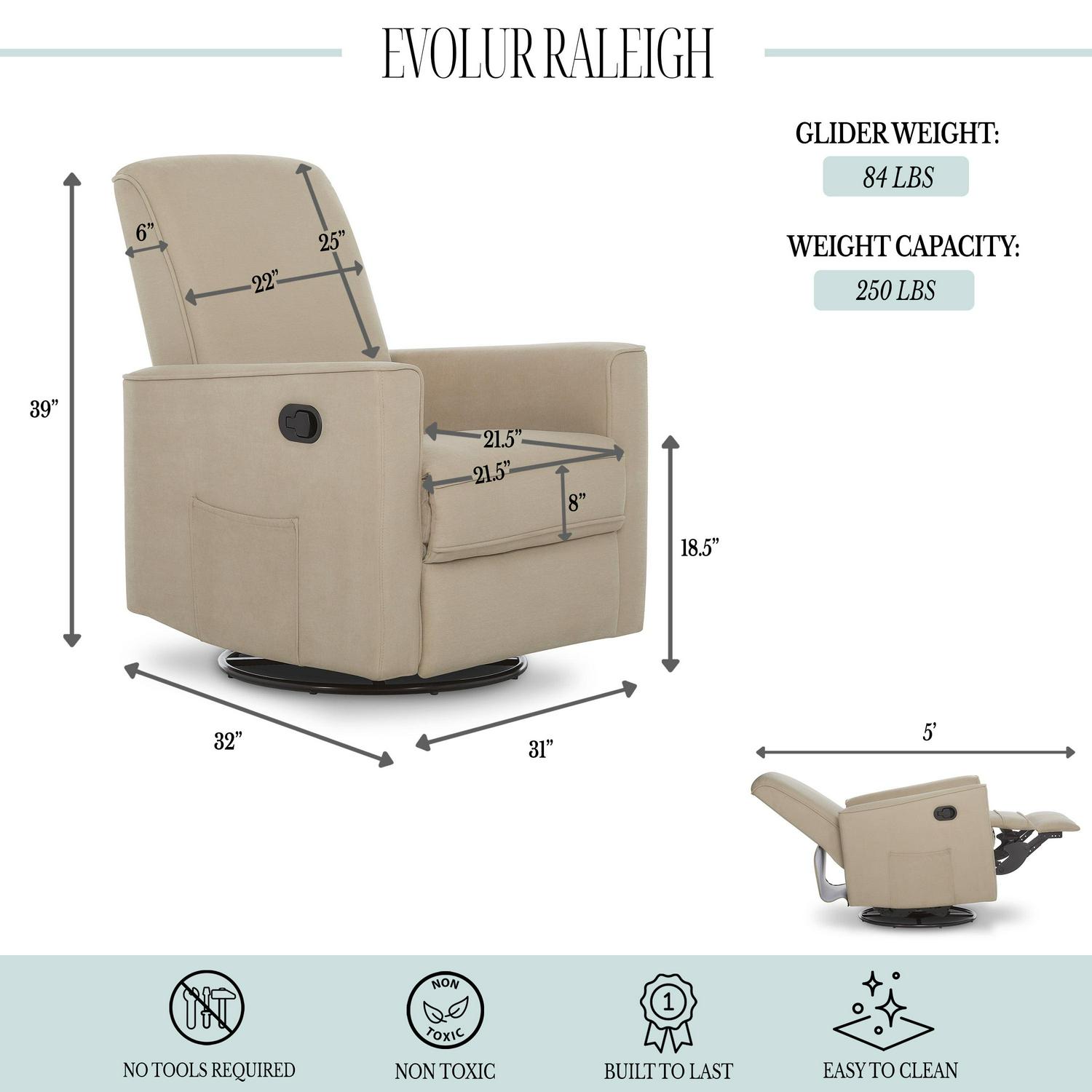 Evolur Raleigh Glider Recliner Fawn with High Backrest Support, Durable Polyester Fabric - Image 8