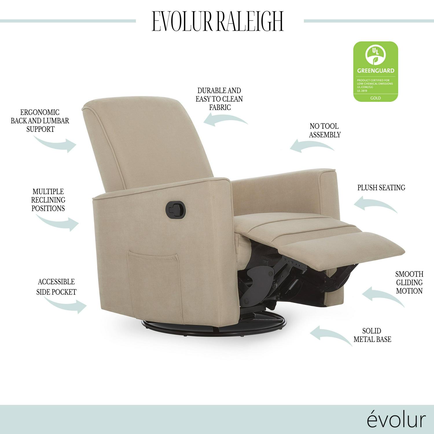 Evolur Raleigh Glider Recliner Fawn with High Backrest Support, Durable Polyester Fabric - Image 7