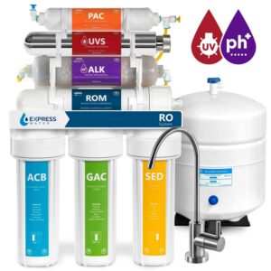 Express Water Alkaline Ultraviolet Reverse Osmosis Water Filtration System - 11 Stage RO UV Mineralizing Alkaline Purifier with Faucet and Tank - Under Sink Filter Mineral, pH + Antioxidant - 100 GPD