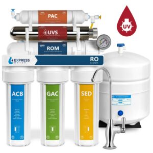 Express Water Ultraviolet Reverse Osmosis Water Filtration System – 6 Stage RO UV Water Sterilizer with Faucet and Tank – UV Under Sink Water Filter – 100 GPD with Pressure Gauge