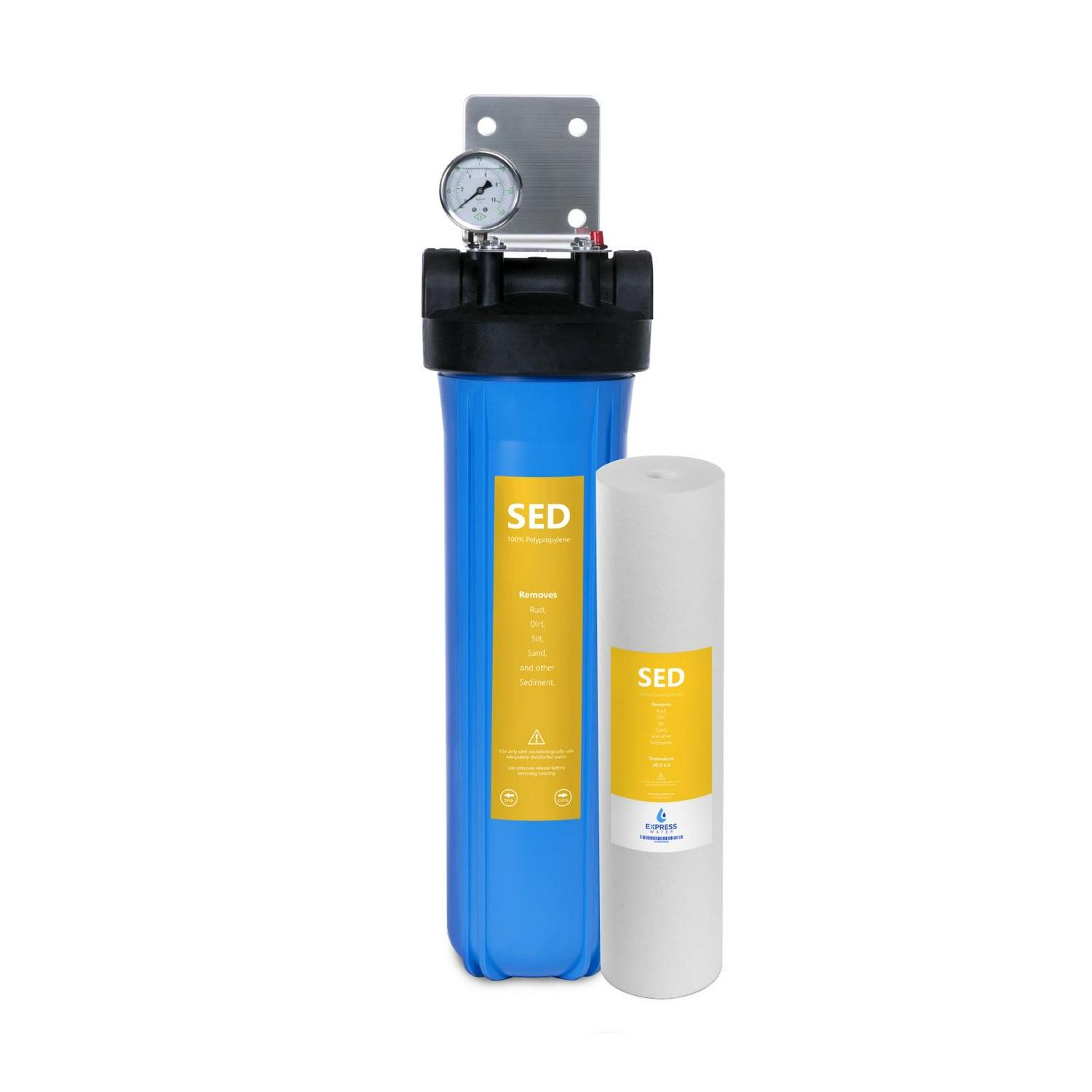 Express Water Whole House Water Filter, 1 Stage Home Water Filtration System, Sediment Filter, includes Pressure Gauges, Easy Release, and 1 Inch Connections.