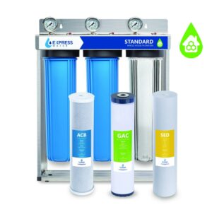Express Water Whole House Water Filter – 3 Stage Home Water Filtration System – Sediment, Charcoal, Carbon Filters – includes Pressure Gauges, Easy Release, and 1” Inch Connections