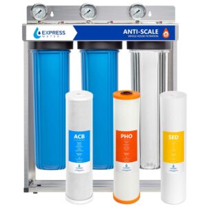 Express Water Whole House Water Filter, 3 Stage Water Filtration, Sediment, Polyphosphate Anti-Scale, Carbon Filters Includes Pressure Gauges, Easy Release, and 1 Inch Connections, 23.5" x 8.5" x 30"