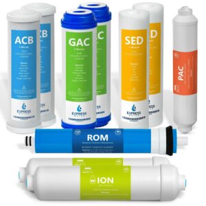 Express Water 1 Year Deionization Reverse Osmosis System Replacement Filter Set 10 Filters with 100 GPD RO Membrane 10 inch Size Water Filters