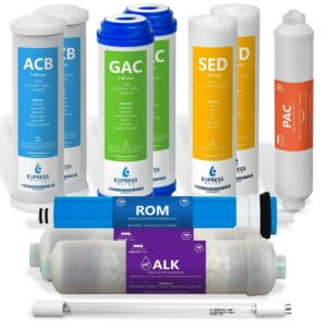 Express Water – 1 Year Alkaline Ultraviolet Reverse Osmosis System Replacement Filter Set – 11 Filters with UV and 100 GPD RO Membrane – 10 inch Size Water Filters