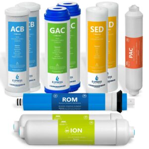 Express Water 1 Year Deionization Reverse Osmosis System Replacement Filter Set 10 Filters with 50 GPD RO Membrane 10 inch Size Water Filters