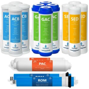 Express Water 2 Year Reverse Osmosis System Replacement Filter Set 16 Filters with 50 GPD RO Membrane Carbon GAC ACB PAC Filters Sediment SED Filters 10 inch Size Water Filters