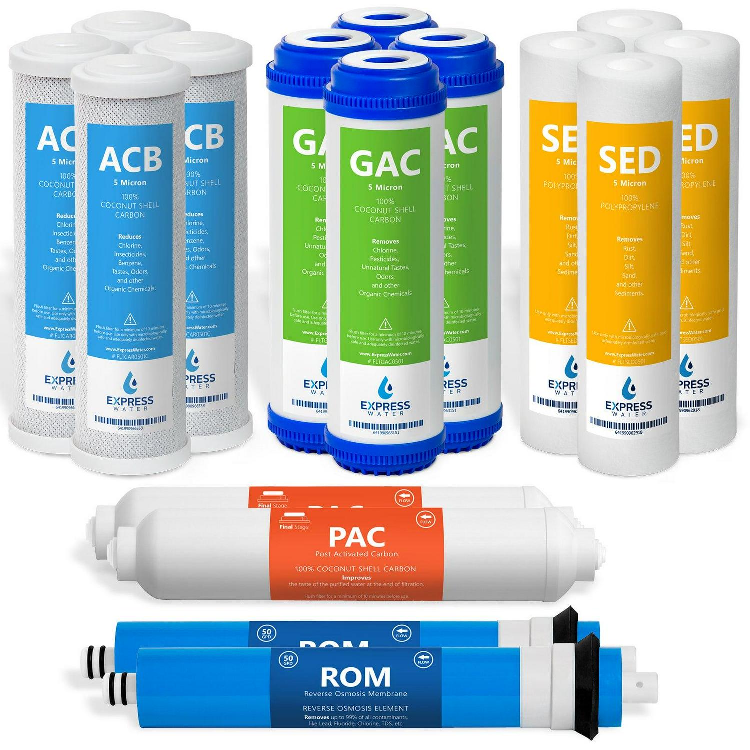 Express Water 2 Year Reverse Osmosis System Replacement Filter Set 16 Filters with 50 GPD RO Membrane Carbon GAC ACB PAC Filters Sediment SED Filters 10 inch Size Water Filters