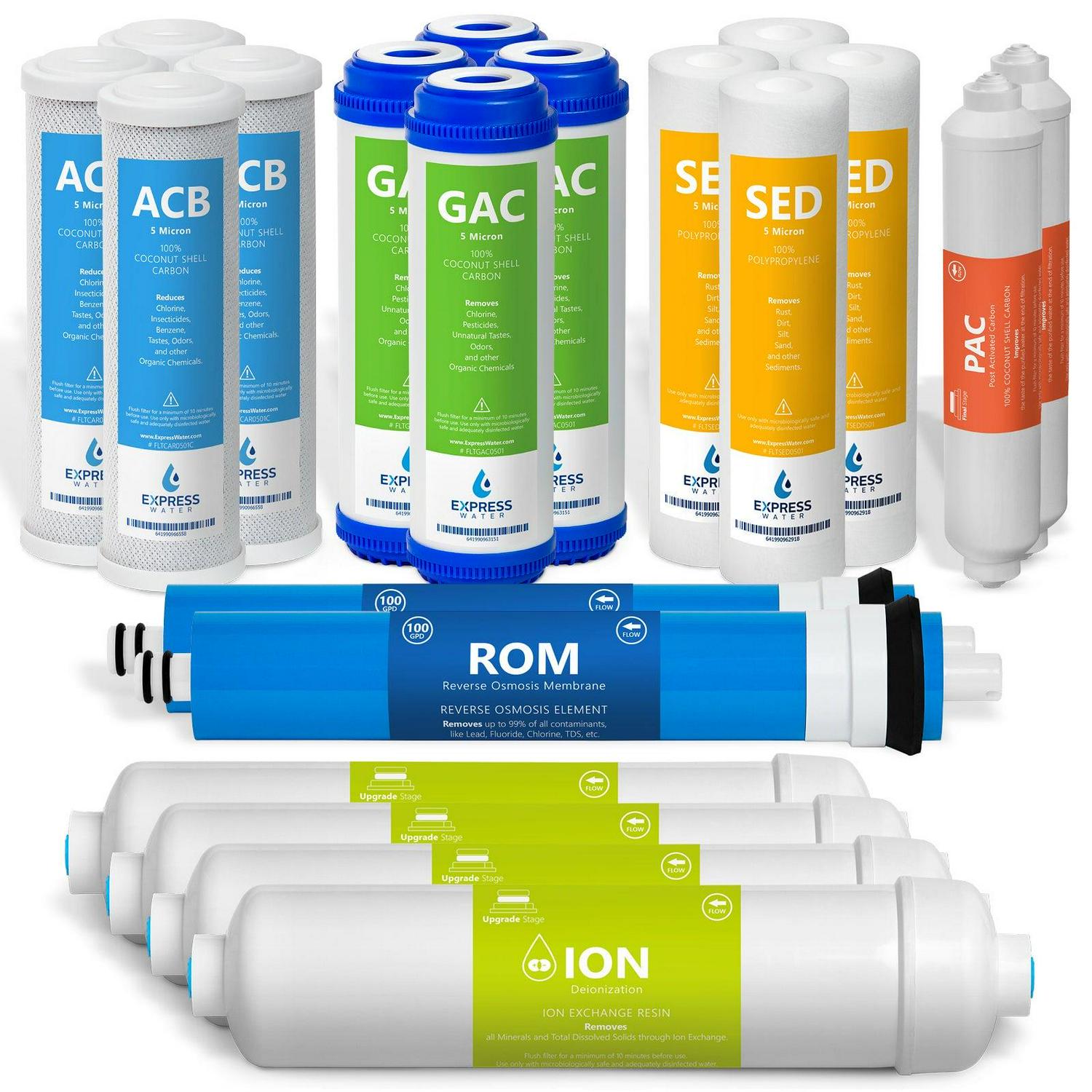 Express Water – 2 Year Deionization Reverse Osmosis System Replacement Filter Set – 20 Filters with 100 GPD RO Membrane – 10 inch Size Water Filters