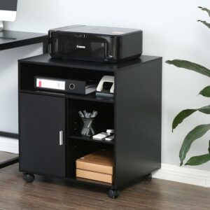 FITUEYES Printer Stand with Storage Adjustable Shelves, Wood Mobile Cart with Door, Rolling File Cabinet