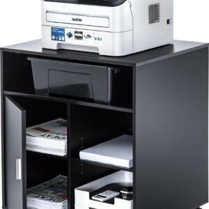 FITUEYES Printer Stand with Storage Adjustable Shelves, Wood Mobile Cart with Door, Rolling File Cabinet on Wheels for Home Office, Black