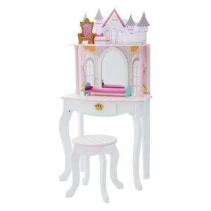Fantasy Fields Kids Vanity Table and Stool Set with Castle Design, Pink