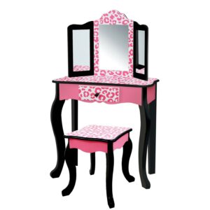 Fantasy Fields Gisele Kids Vanity Table Set with Mirror and Stool, Leopard Print