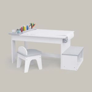 Teamson Kids Little Artist Monet Kids' Play Art Table with Chair and Storage Bench Seat, White/Gray