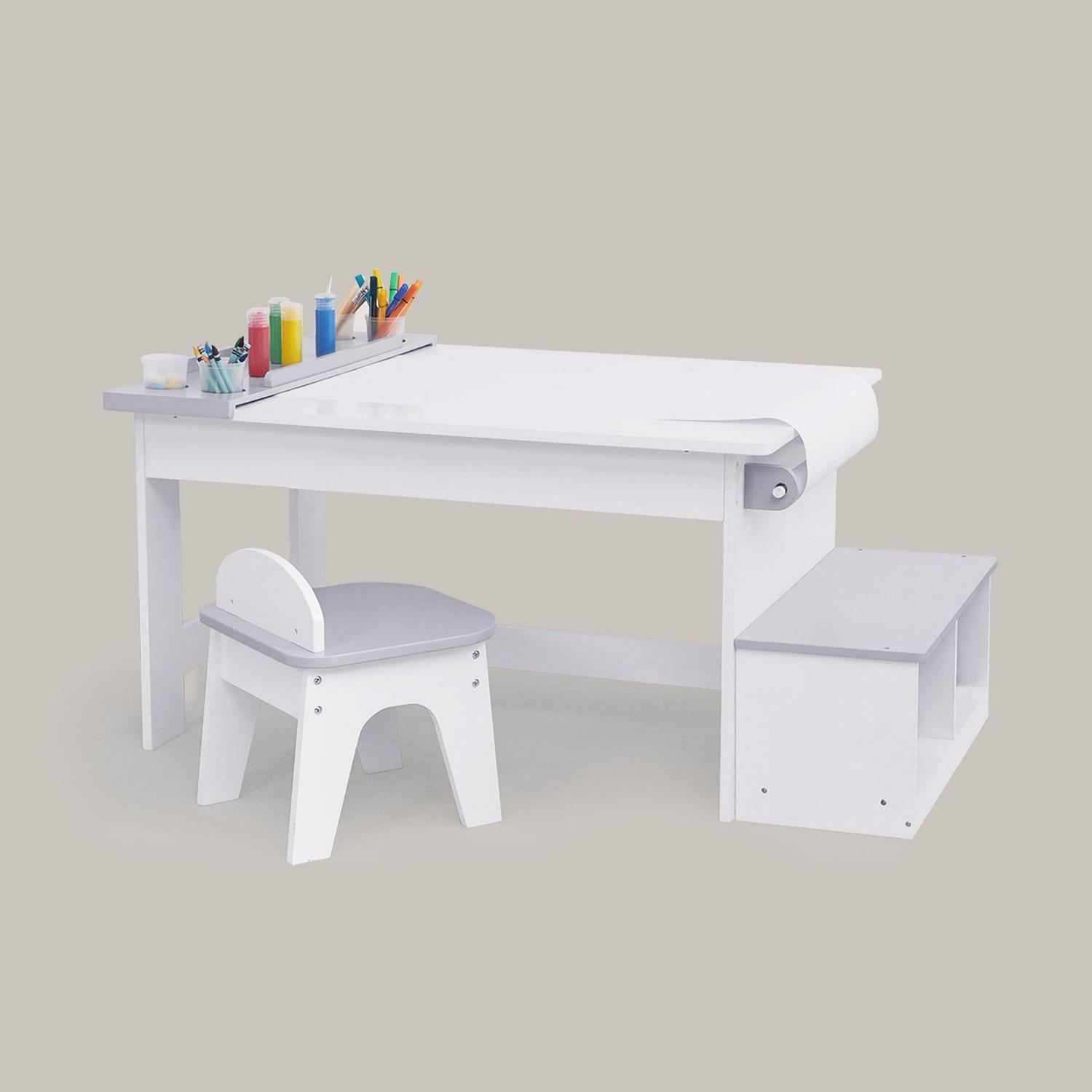 Teamson Kids Little Artist Monet Kids' Play Art Table with Chair and Storage Bench Seat, White/Gray