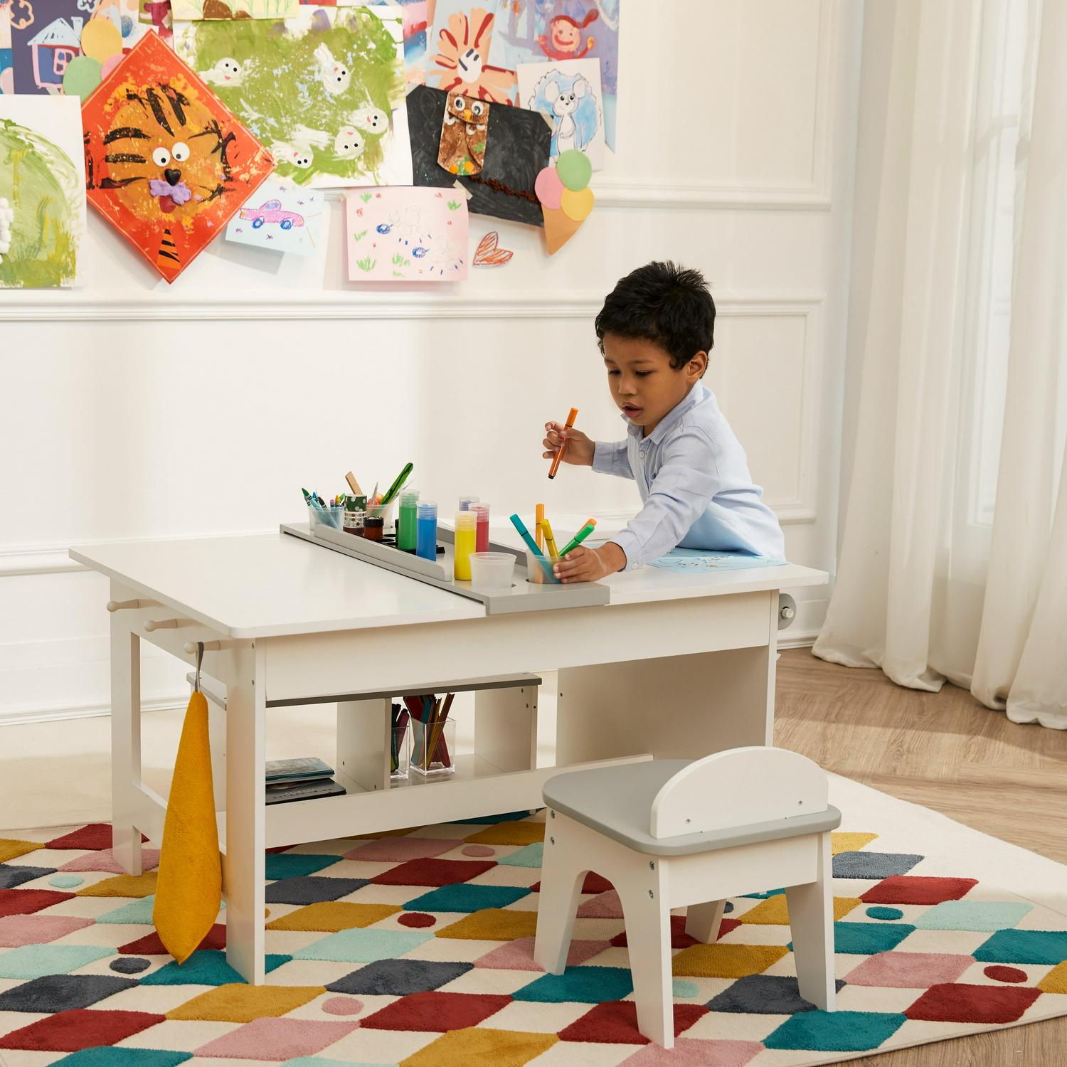 Teamson Kids Little Artist Monet Kids' Play Art Table with Chair and Storage Bench Seat, White/Gray - Image 7