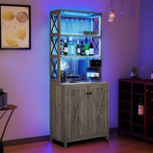 Dextrus Farmhouse Bar Cabinet for Liquor and Glasses, 67"Freestanding Bar Cabinet with Led Light, Washed Gray