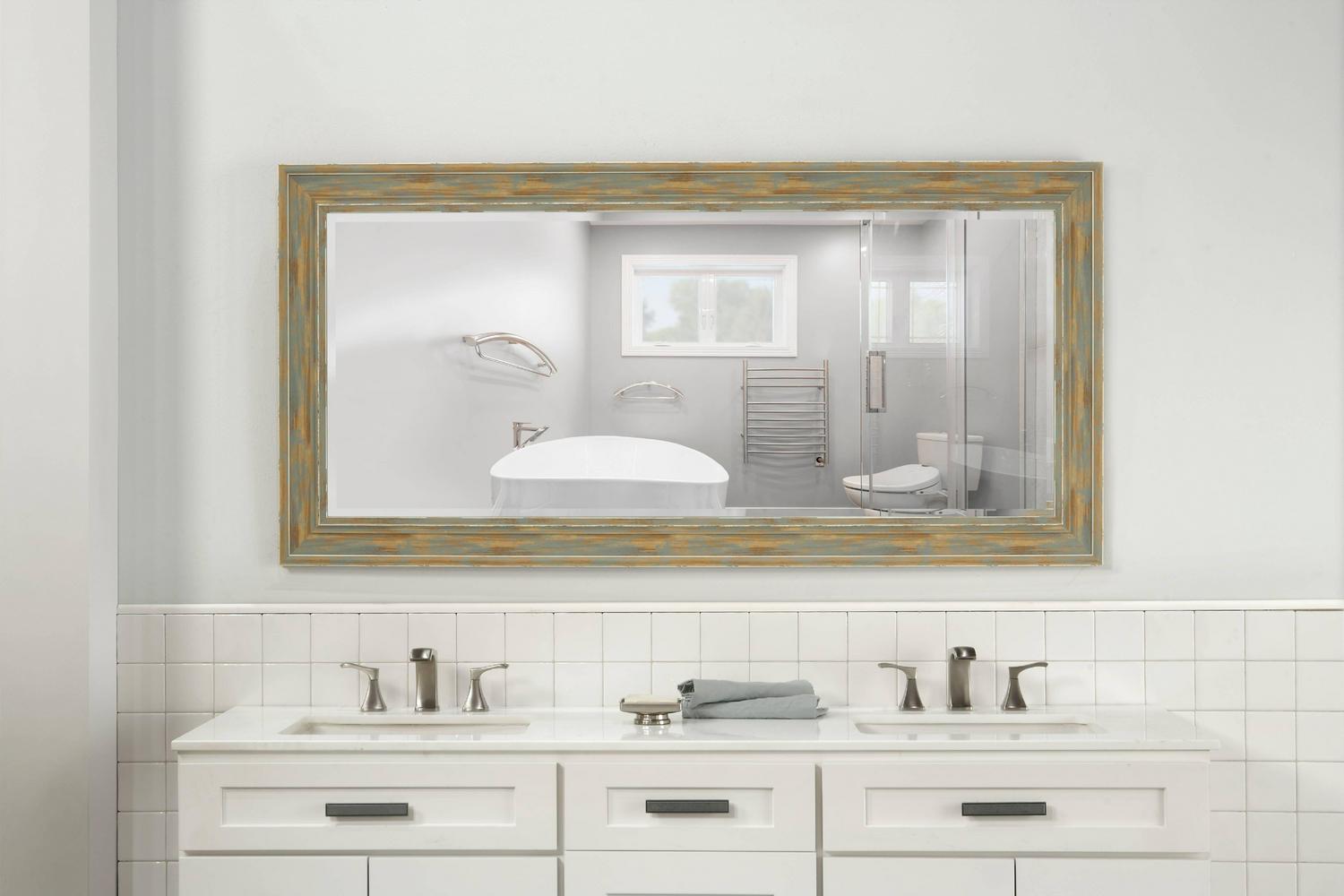 Farmhouse Style Full Length Leaner Mirror With Polystyrene Frame, Blue- Saltoro Sherpi - Image 2