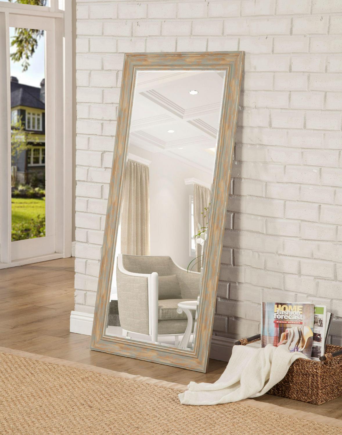 Farmhouse Style Full Length Leaner Mirror With Polystyrene Frame, Blue- Saltoro Sherpi - Image 4