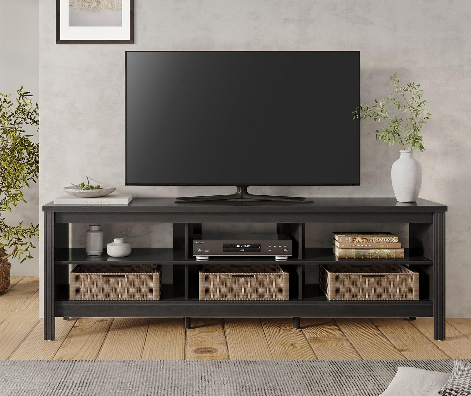 Farmhouse TV Stands for 75 inches Flat Screen Wood Media Console Storage Cabinet Entertainment Center, 70 inches, Black