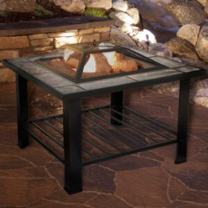 Pure Garden M150016 30 in. Square Marble Tile Wood Burning Fire Pit with Spark Screen, Cover & Log Poker