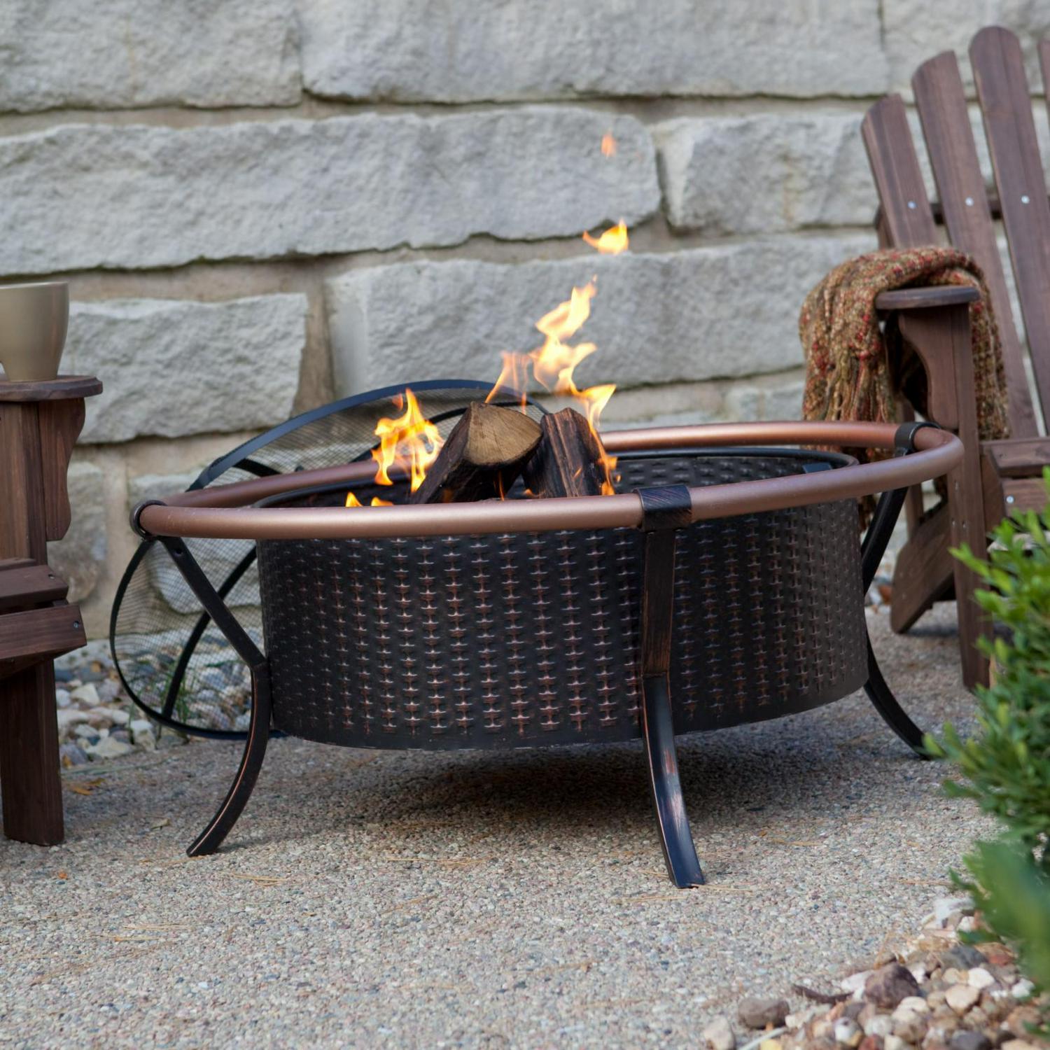 Fire Sense Fire Pit Copper Rail Steel Fire Bowl with Weave Pattern Included Screen Lift Tool-Antique Bronze-27.5" - Image 2
