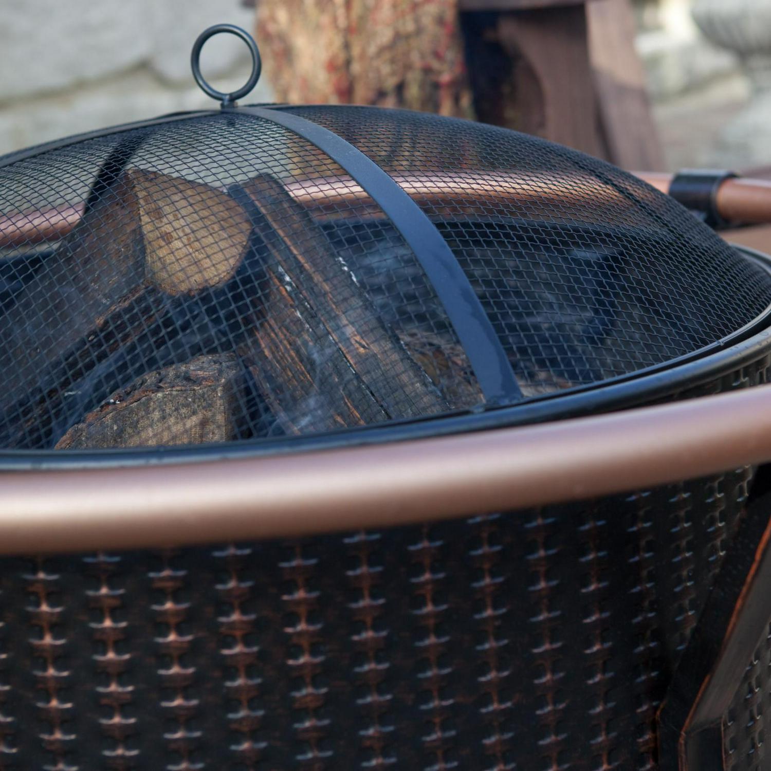 Fire Sense Fire Pit Copper Rail Steel Fire Bowl with Weave Pattern Included Screen Lift Tool-Antique Bronze-27.5" - Image 5