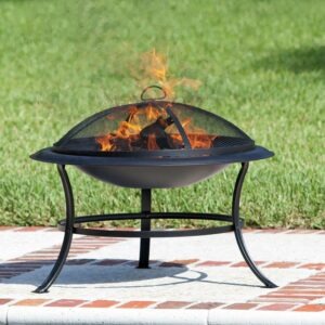Fire Sense Fire Pit Tokia Steel Firepit Curved Legs Included Wood Grate & Screen Lift Tool-30"-Black