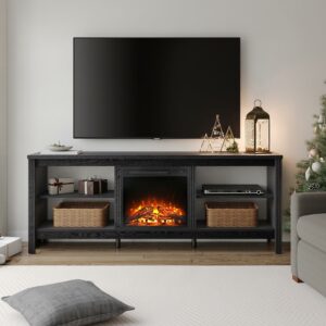 Fireplace TV Stand for TV's up to 75 Inch, Wood Entertainment Center for 80 inch TV with Electric Fireplace for Living Room Bedroom , 70 inch, Black