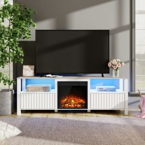 Fireplace TV Stand for TV's up to 75 Inch, LED Entertainment Center with Electric Fireplace for Living Room Bedroom, 70 inch White