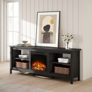 White Wood 58-Inch Highboy TV Console with Electric Fireplace, Farmhouse Entertainment Center with Glass Door Storage