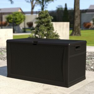 Flash Furniture Nobu 120 Gallon Plastic Deck Box - Outdoor Waterproof Storage Box for Patio Cushions, Garden Tools and Pool Toys, Black