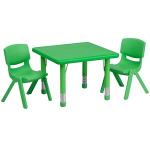 Flash Furniture 24'' Square Green Plastic Height Adjustable Activity Table Set with 2 Chairs