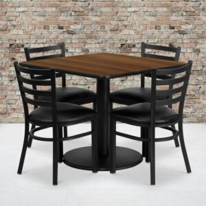 Flash Furniture 36'' Square Walnut Laminate Table Set with Round Base and 4 Ladder Back Metal Chairs - Black Vinyl Seat