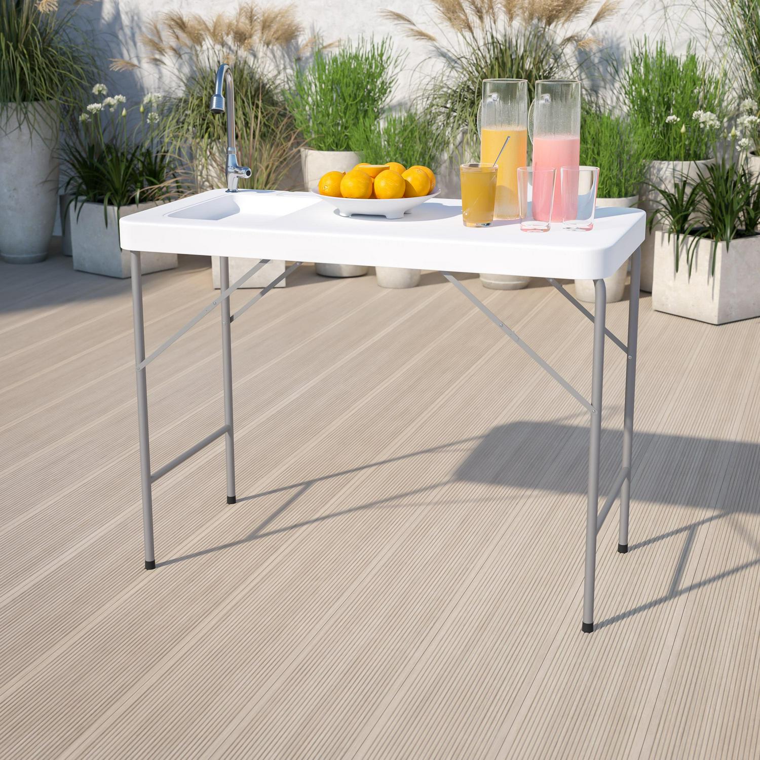 Flash Furniture Wesley 4' Portable Fish Cleaning Table/Folding Camping Table with Sink, White
