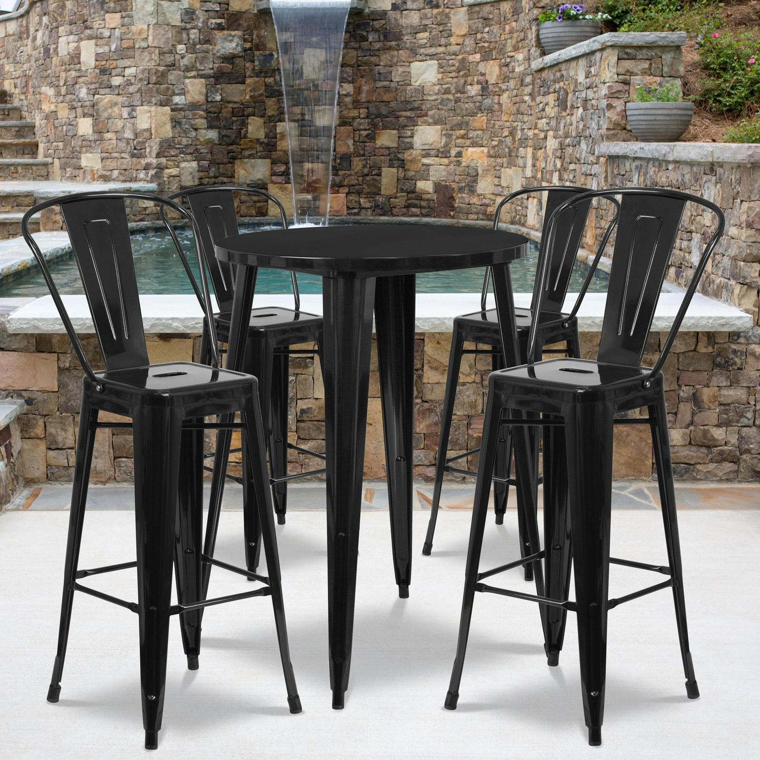Flash Furniture Commercial Grade 30" Round Black Metal Indoor-Outdoor Bar Table Set with 4 Cafe Stools