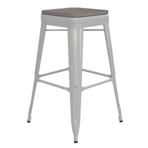 Flash Furniture Kai Commercial Grade 30" High Backless White Metal Indoor-Outdoor Barstool with Gray Poly Resin Wood Seat