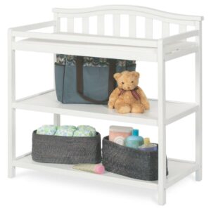 Child Craft Arch Top Changing Table with Pad & Safety Strap, 2 Storage Shelves, Anti-Tip Kit, Matte White